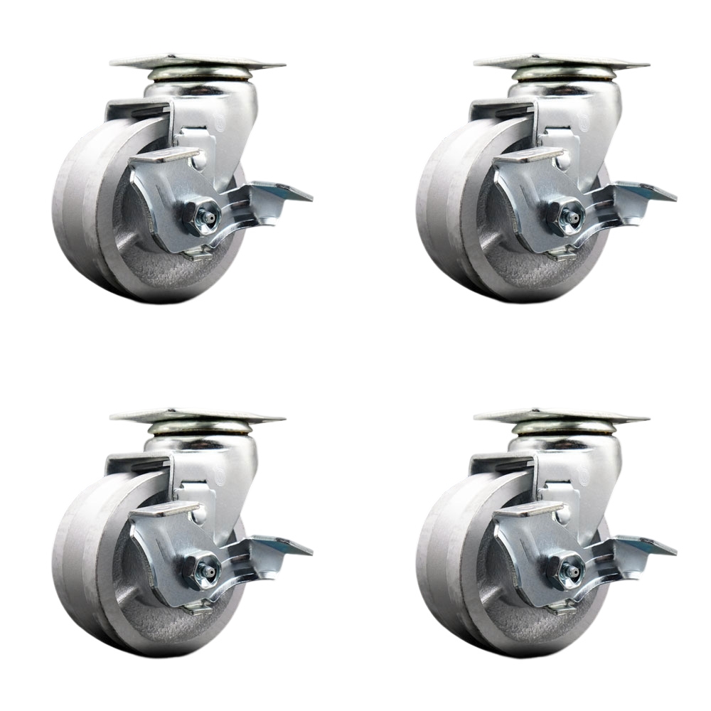 Swivel Top Plate Caster Set – Silver 4 Inch by 2 Inch V-Groove Semi Steel Cast Iron Wheel – Roller Bearing –1,800 lbs. Total Capacity–Includes 4 Swivel Casters with Locking Brakes–Service Caster Brand — photo 1