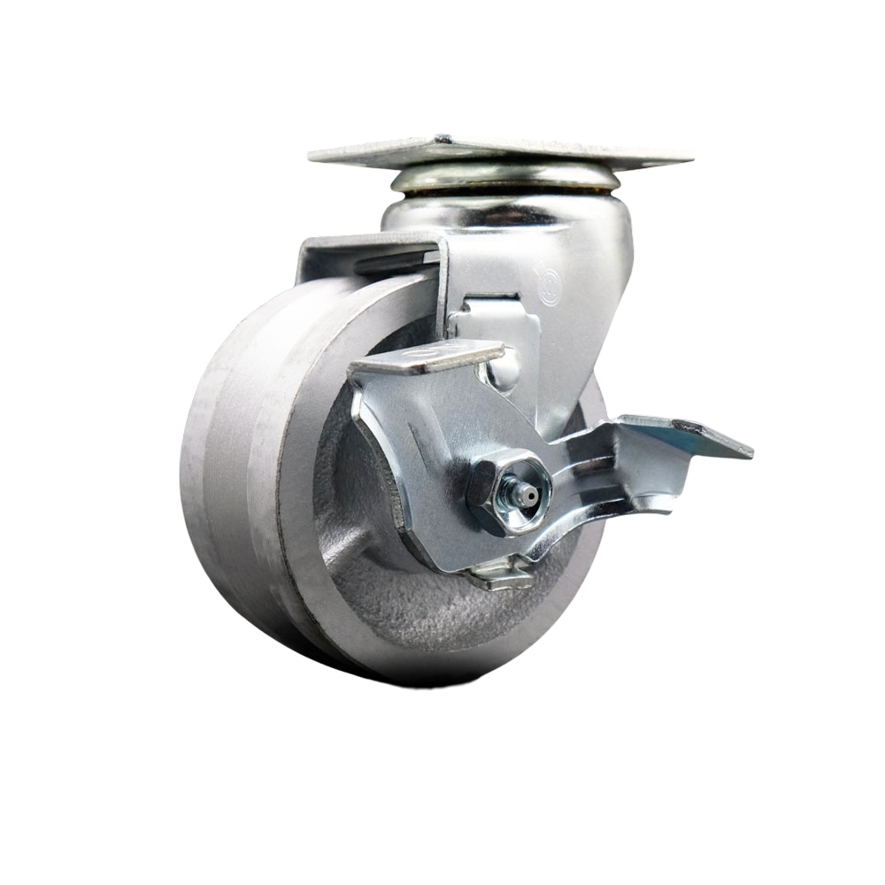 Swivel Top Plate Caster – Silver 4 Inch by 2 Inch V-Groove Semi Steel Cast Iron Wheel – Bronze Bearing – 450 lbs. Capacity Per Caster – Includes Top Locking Brake - Service Caster Brand — photo 1