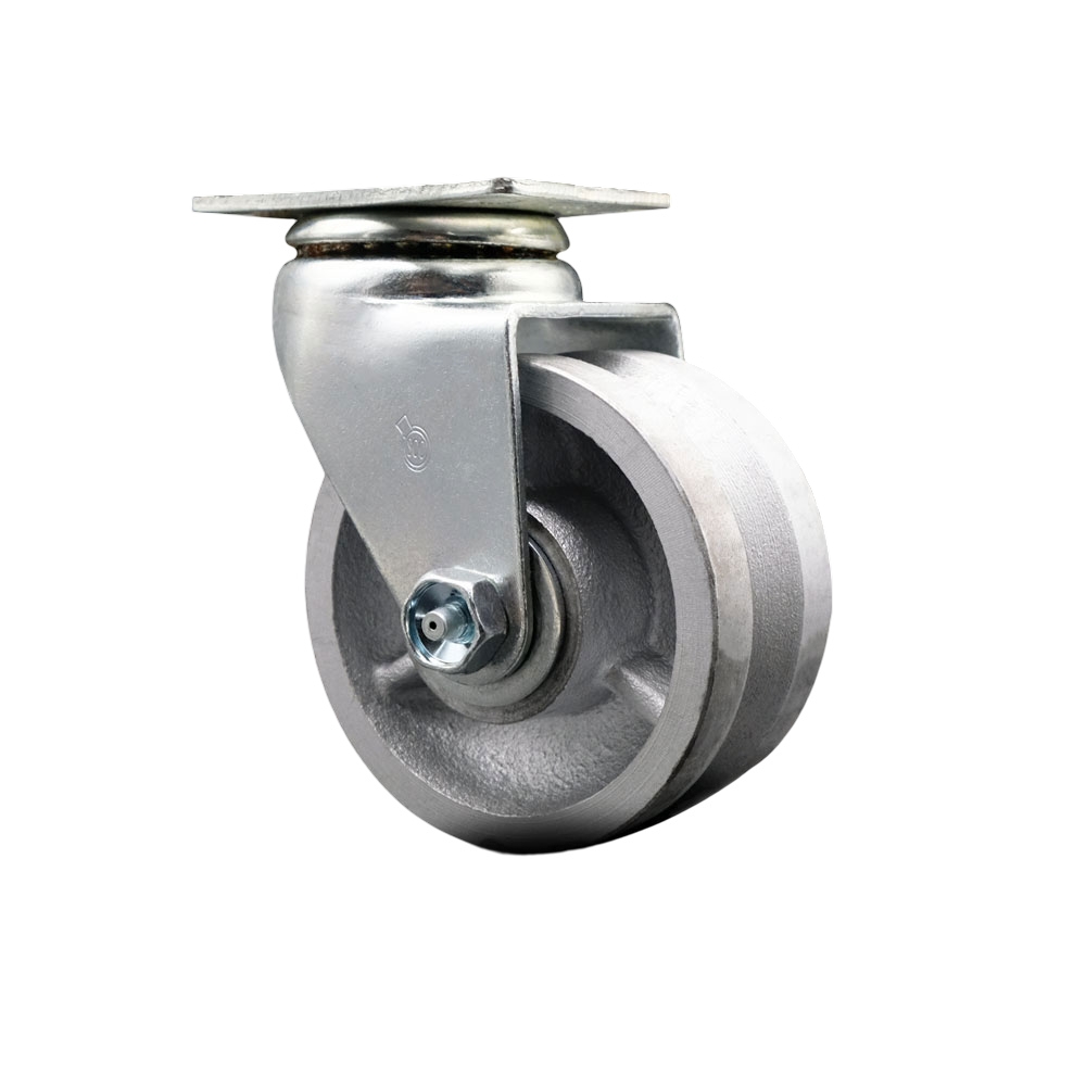 Swivel Top Plate Caster – Silver 4 Inch by 2 Inch V-Groove Semi Steel Cast Iron Wheel – Roller Bearing – 450 lbs. Capacity Per Caster – Service Caster Brand — photo 1