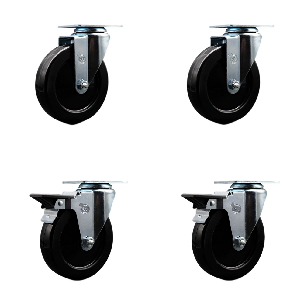 Hard Rubber Swivel Top Plate Caster Set of 4 with 5 Inch Black Wheels - Includes 2 Swivel with Posi Locking Brakes and 2 Swivel - 1200 lbs. Total Capacity - Service Caster Brand — photo 1