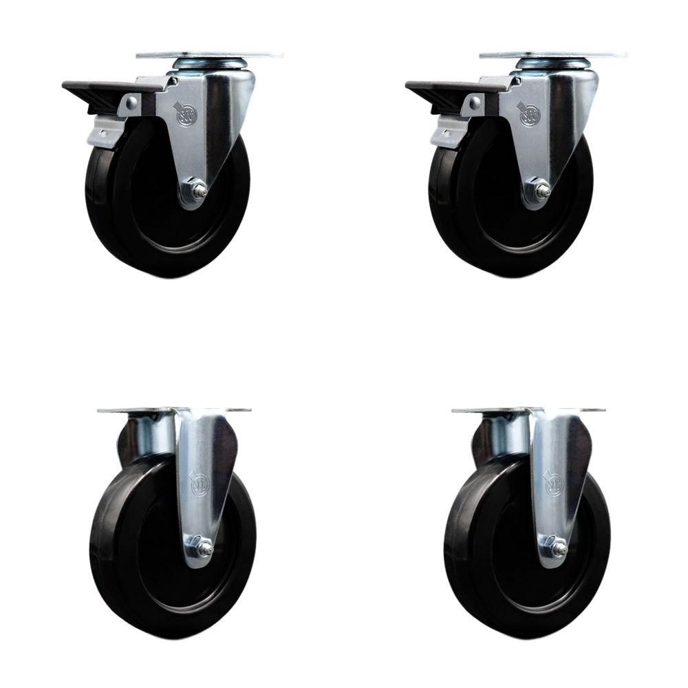 Hard Rubber Swivel Top Plate Caster Set of 4 with 5 Inch Black Wheels - Includes 2 Swivel with Posi Locking Brakes and 2 Rigid - 1200 lbs. Total Capacity - Service Caster Brand — photo 1