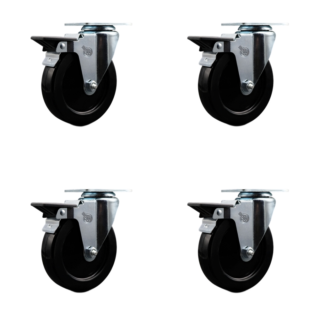 Hard Rubber Swivel Top Plate Caster Set of 4 with 5 Inch Black Wheels - Includes 4 Swivel with Posi Lock Brakes - 1200 lbs. Total Capacity - Service Caster Brand — photo 1