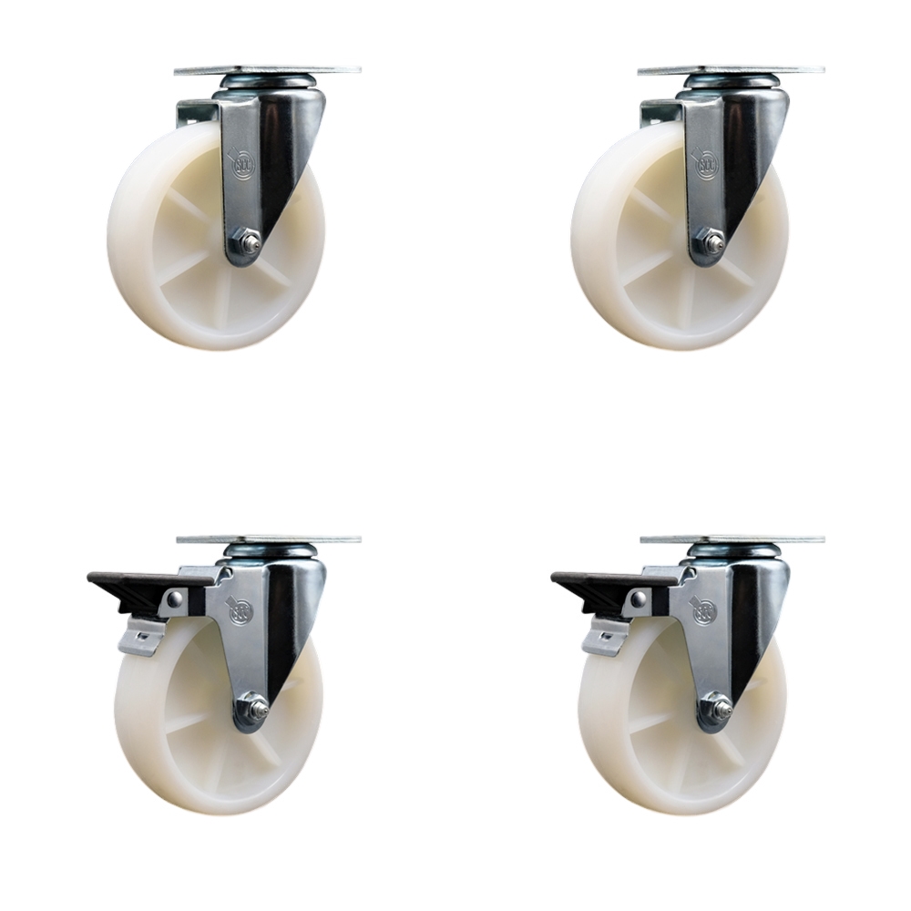 Nylon Swivel Top Plate Caster Set of 4 with 5 Inch White Wheels - Includes 2 Swivel with Posi Locking Brakes and 2 Swivel - 1200 lbs. Total Capacity - Service Caster Brand — photo 1