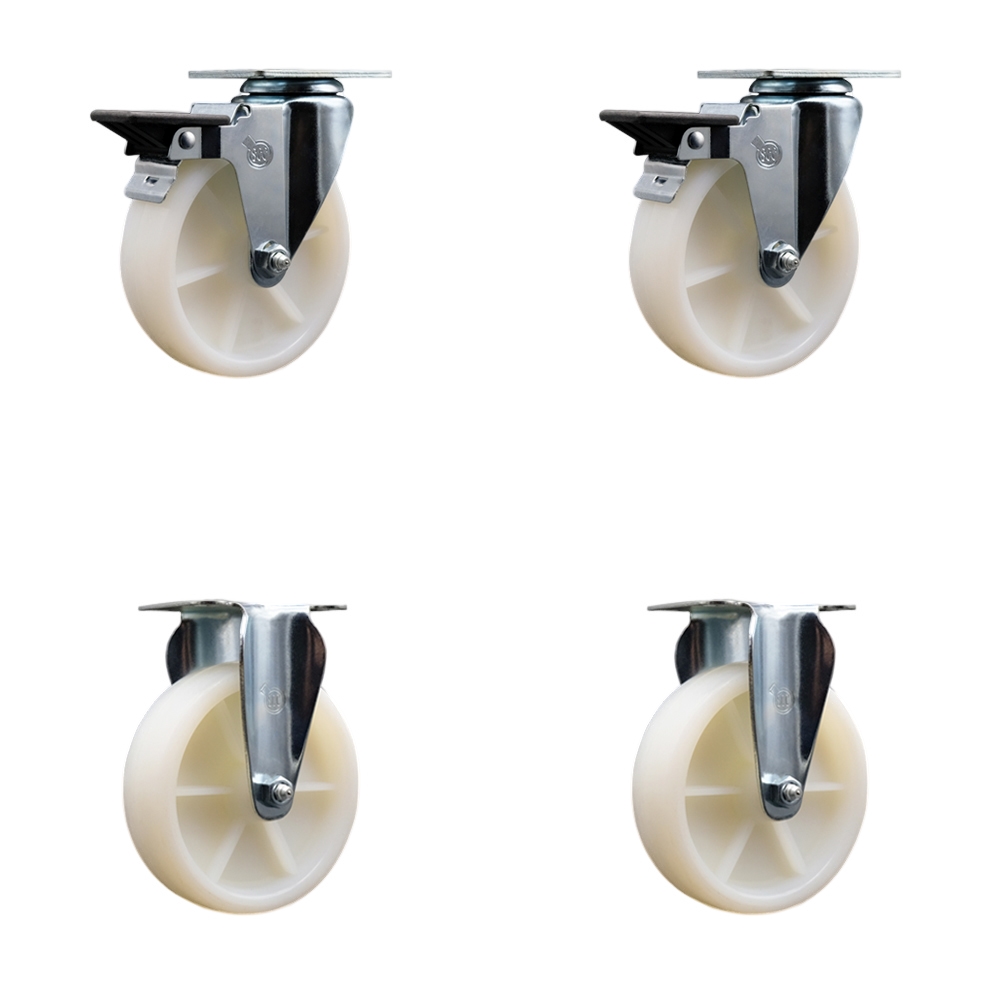 Nylon Swivel Top Plate Caster Set of 4 with 5 Inch White Wheels - Includes 2 Swivel with Posi Locking Brakes and 2 Rigid - 1200 lbs. Total Capacity - Service Caster Brand — photo 1