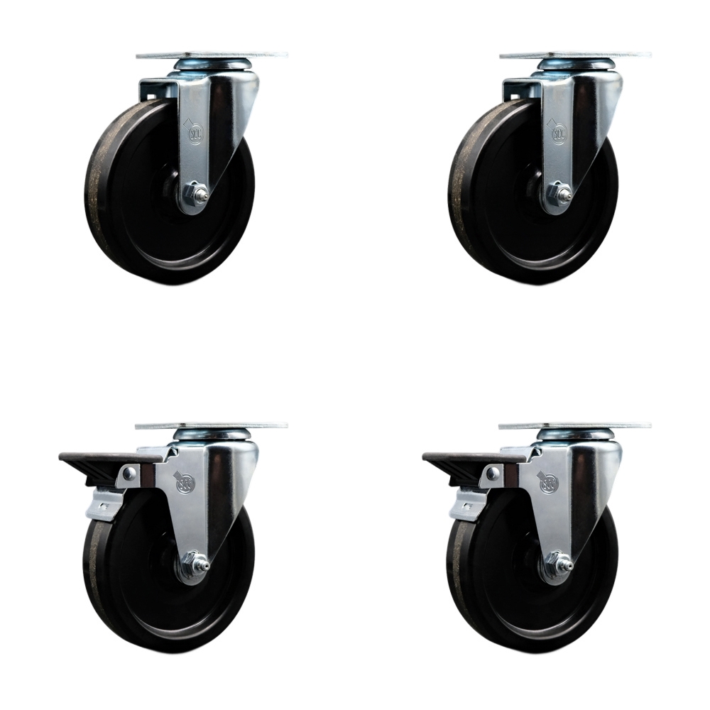 Phenolic Swivel Top Plate Caster Set of 4 with 5 Inch Black Wheels with Roller Bearings - Includes 2 Swivel with Posi Locking Brakes and 2 Swivel - 1200 lbs. Total Capacity - Service Caster Brand — photo 1