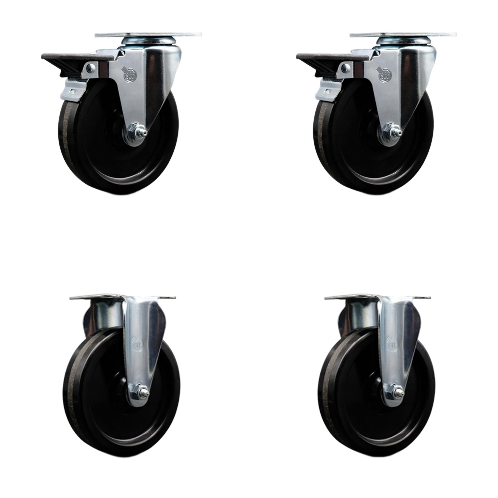 Phenolic Swivel Top Plate Caster Set of 4 with 5 Inch Black Wheels - Includes 2 Swivel with Posi Locking Brakes and 2 Rigid - 1200 lbs. Total Capacity - Service Caster Brand — photo 1