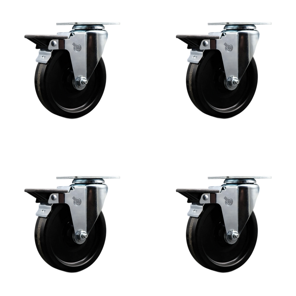 Phenolic Swivel Top Plate Caster Set of 4 with 5 Inch Black Wheels - Includes 4 Swivel with Posi Lock Brakes - 1200 lbs. Total Capacity - Service Caster Brand — photo 1