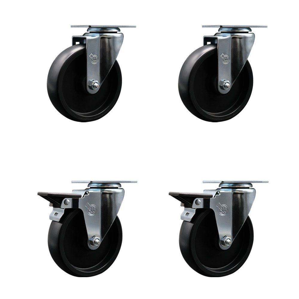 Polyolefin Swivel Top Plate Caster Wheels Set of 4 with 5 Inch Black Wheels - Includes 2 Swivel with Posi Lock Brakes and 2 Swivel - 1400 lbs. Total Capacity - Service Caster Brand — photo 1