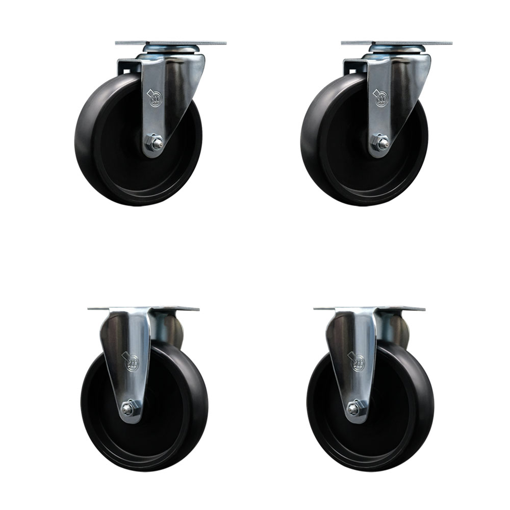 Polyolefin Swivel Top Plate Caster Wheels Set of 4 with 5 Inch Black Wheels - Includes 2 Swivel and 2 Rigid - 1400 lbs. Total Capacity - Service Caster Brand — photo 1