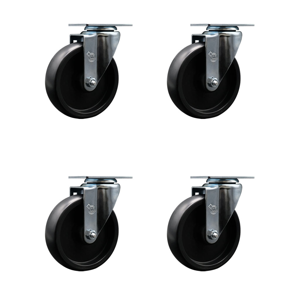 Polyolefin Swivel Top Plate Caster Wheels Set of 4 with 5 Inch Black Wheels - Includes 4 Swivel - 1400 lbs. Total Capacity - Service Caster Brand — photo 1