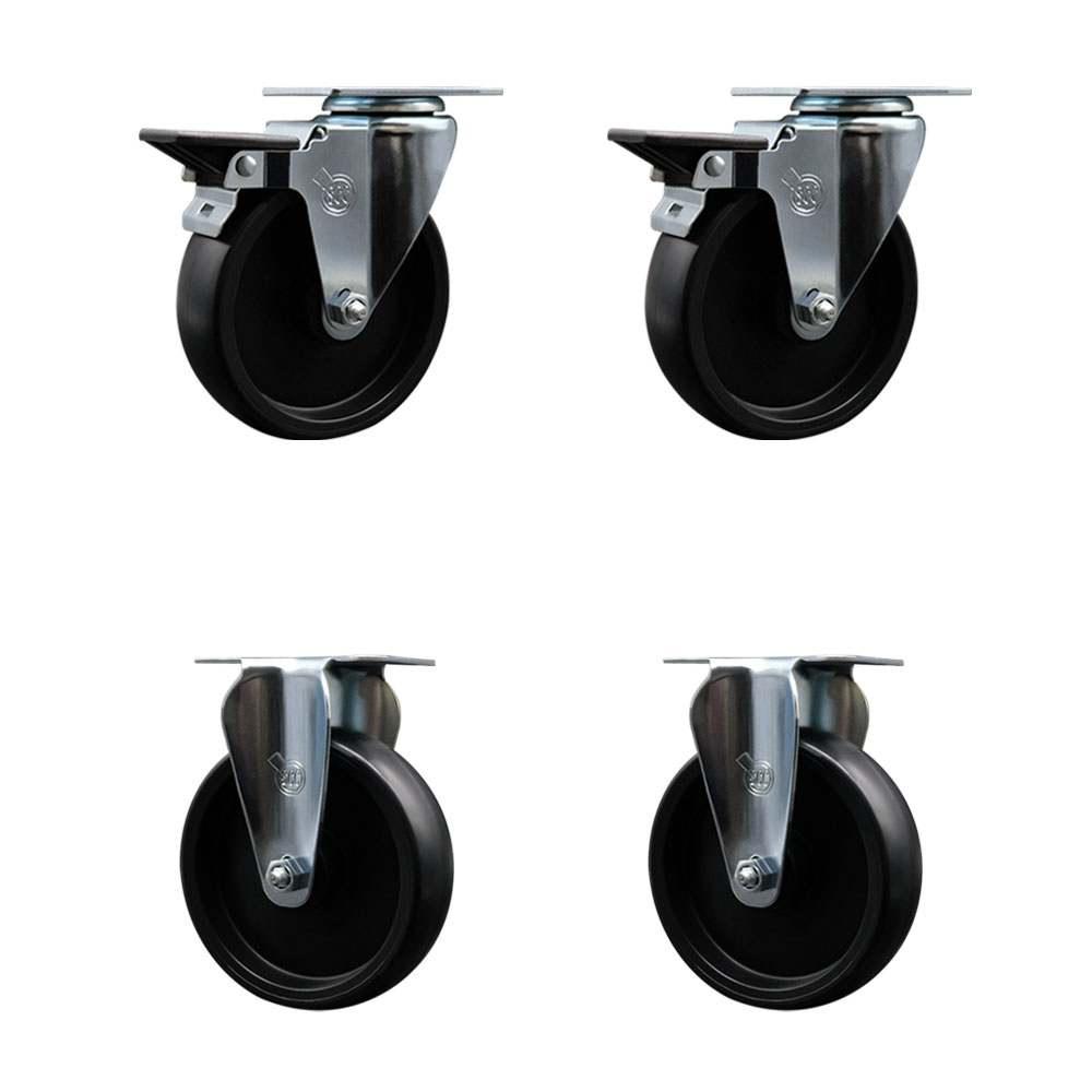 Polyolefin Swivel Top Plate Caster Wheels Set of 4 with 5 Inch Black Wheels - Includes 2 Swivel with Posi Lock Brakes and 2 Rigid - 1400 lbs. Total Capacity - Service Caster Brand — photo 1