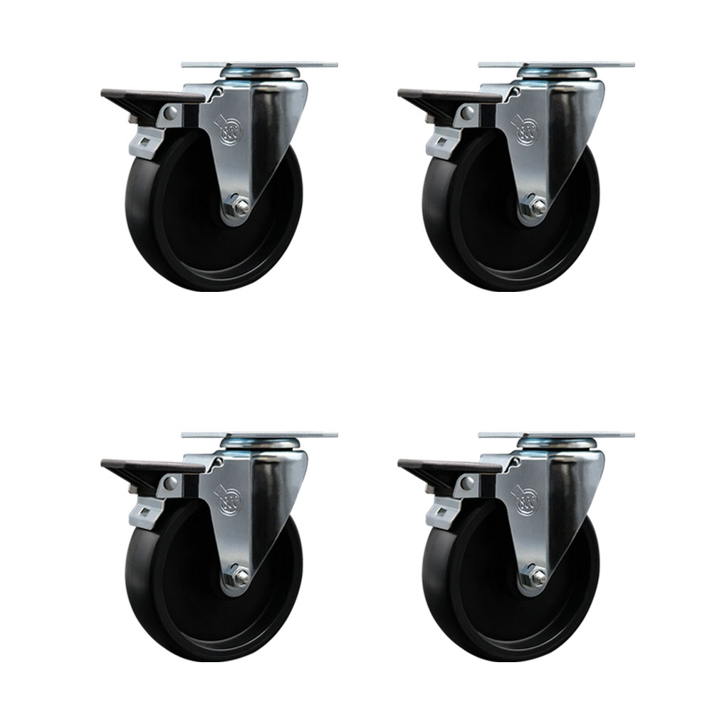Polyolefin Swivel Top Plate Caster Wheels Set of 4 with 5 Inch Black Wheels - Includes 4 Swivel with Posi Lock Brakes - 1400 lbs. Total Capacity - Service Caster Brand — photo 1