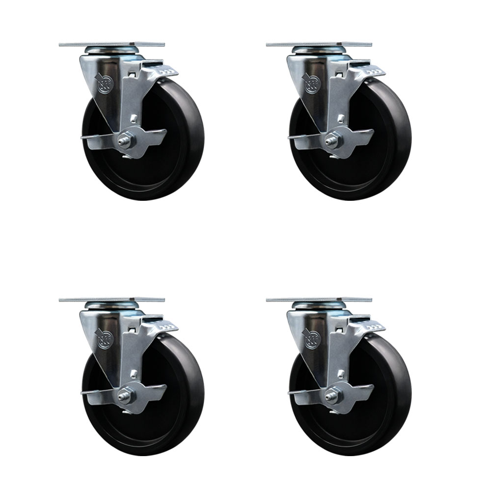 Polyolefin Swivel Top Plate Caster Wheels Set of 4 with 5 Inch Black Wheels - Includes 4 Swivel with Top Lock Brakes - 1400 lbs. Total Capacity - Service Caster Brand — photo 1