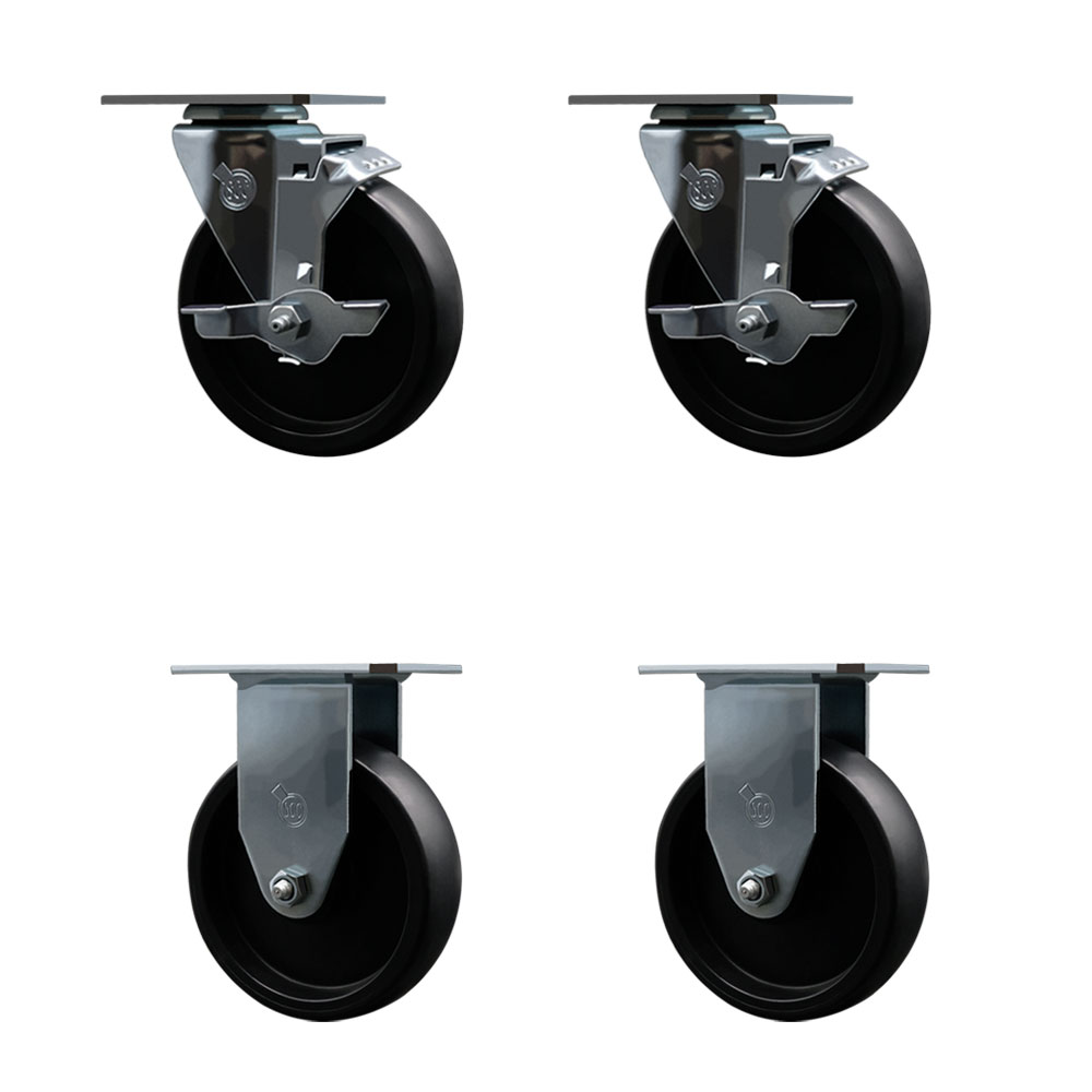 Swivel Caster Wheels Set of 4 with 2 Brakes and 2 Rigid - 5 Inch Polyolefin Wheel – 350 lbs. Capacity Per Caster – 3-1/8 Inch x 4-1/8 Inch Overall Top Plate – Service Caster Brand — photo 1
