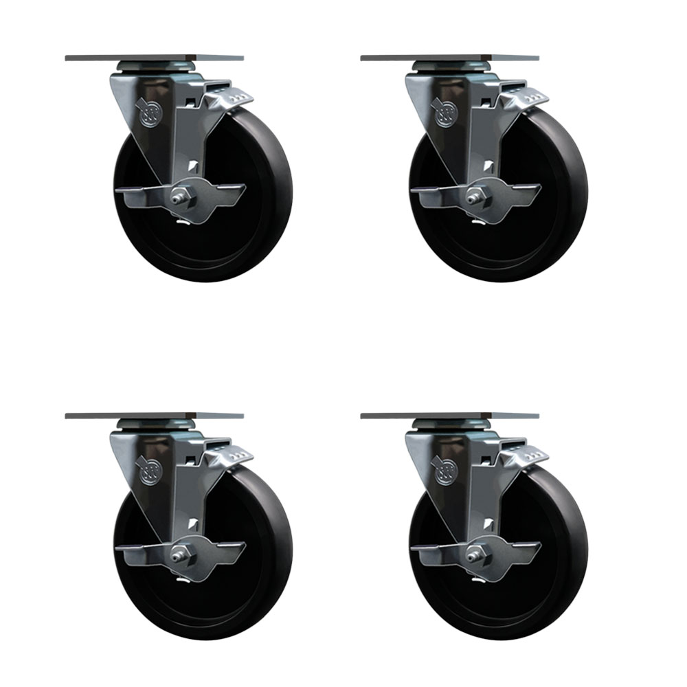 Swivel Caster Wheels Set of 4 with Brakes and 5 Inch Polyolefin Wheel – 350 lbs. Capacity Per Caster – 3-1/8 Inch x 4-1/8 Inch Overall Top Plate – Service Caster Brand — photo 1