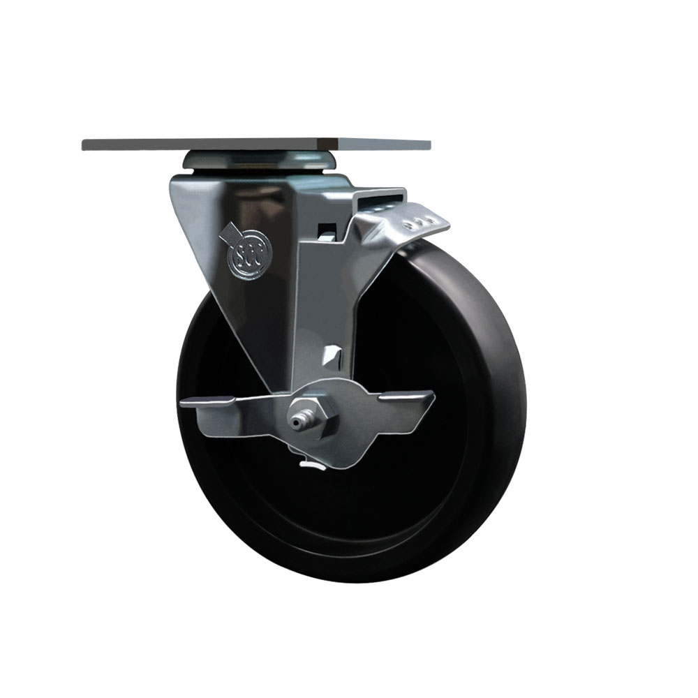 Swivel Caster Wheel with Top Lock Brake and 5 Inch Polyolefin Wheel – 350 lbs. Capacity Per Caster – 3-1/8 Inch x 4-1/8 Inch Overall Top Plate – Service Caster Brand — photo 1