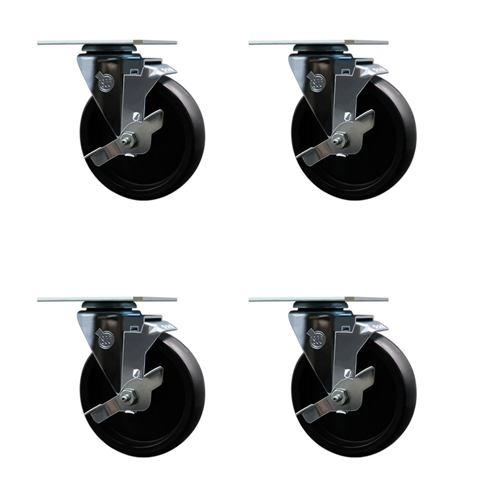 Swivel Caster Wheels Set of 4 with Brakes and 5 Inch Polyolefin Wheel – 350 lbs. Capacity Per Caster – 4 Inch x 4-1/2 Inch Overall Top Plate – Service Caster Brand — photo 1