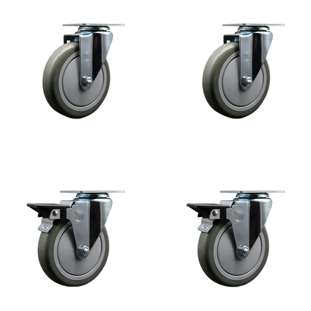 Polyurethane Swivel Top Plate Caster Set of 4 with 5 Inch Gray Wheels - Includes 2 Swivel with Posi Locking Brakes and 2 Swivel - 1400 lbs. Total Capacity - Service Caster Brand — photo 1