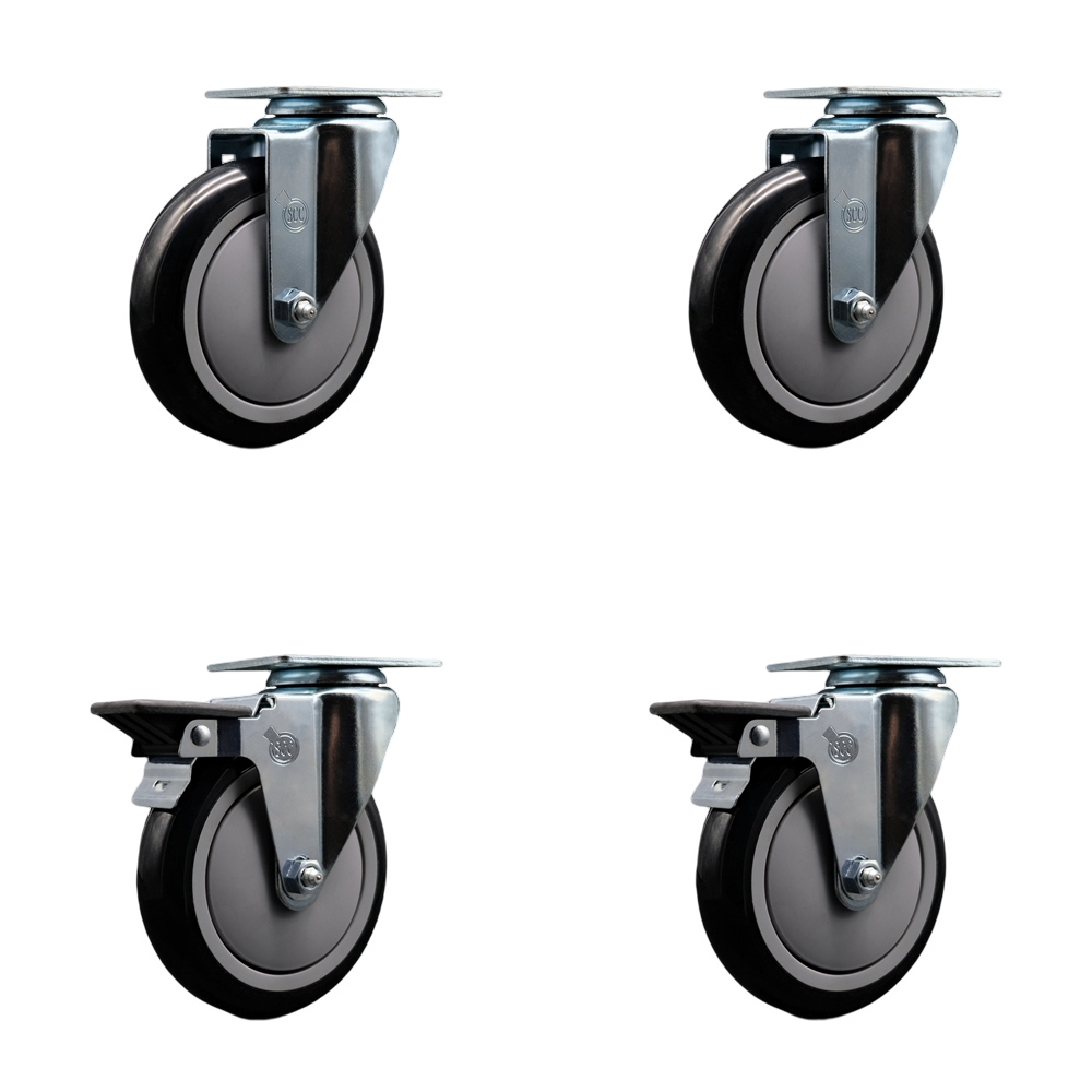 Polyurethane Swivel Top Plate Caster Set of 4 with 5 Inch Black Wheels - Includes 2 Swivel with Posi Locking Brakes and 2 Swivel - 1400 lbs. Total Capacity - Service Caster Brand — photo 1