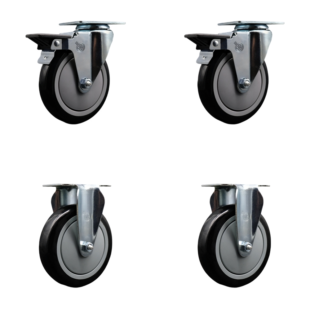 Polyurethane Swivel Top Plate Caster Set of 4 with 5 Inch Black Wheels - Includes 2 Swivel with Posi Locking Brakes and 2 Rigid - 1400 lbs. Total Capacity - Service Caster Brand — photo 1