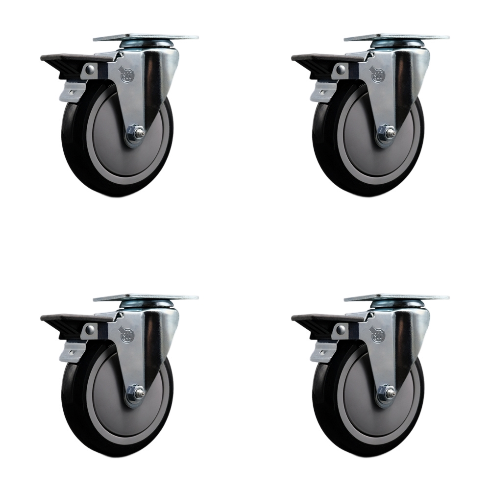 Polyurethane Swivel Top Plate Caster Set of 4 with 5 Inch Black Wheels - Includes 4 Swivel with Posi Lock Brakes - 1400 lbs. Total Capacity - Service Caster Brand — photo 1
