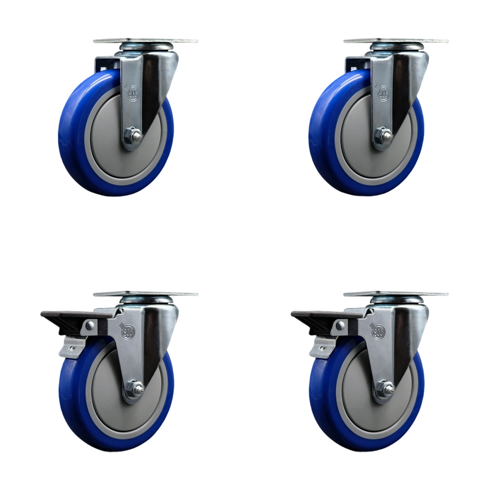 Polyurethane Swivel Top Plate Caster Set of 4 with 5 Inch Blue Wheels - Includes 2 Swivel with Posi Locking Brakes and 2 Swivel - 1400 lbs. Total Capacity - Service Caster Brand — photo 1