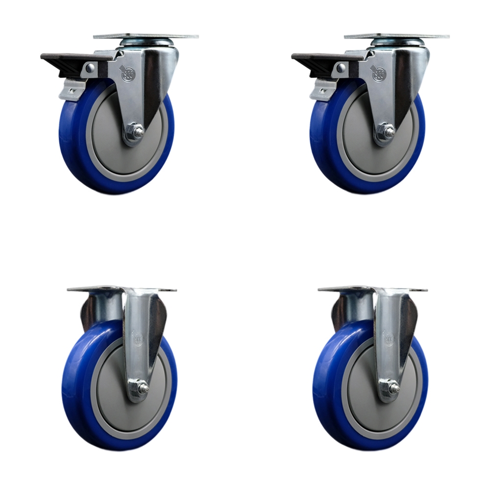 Polyurethane Swivel Top Plate Caster Set of 4 with 5 Inch Blue Wheels - Includes 2 Swivel with Posi Locking Brakes and 2 Rigid - 1400 lbs. Total Capacity - Service Caster Brand — photo 1