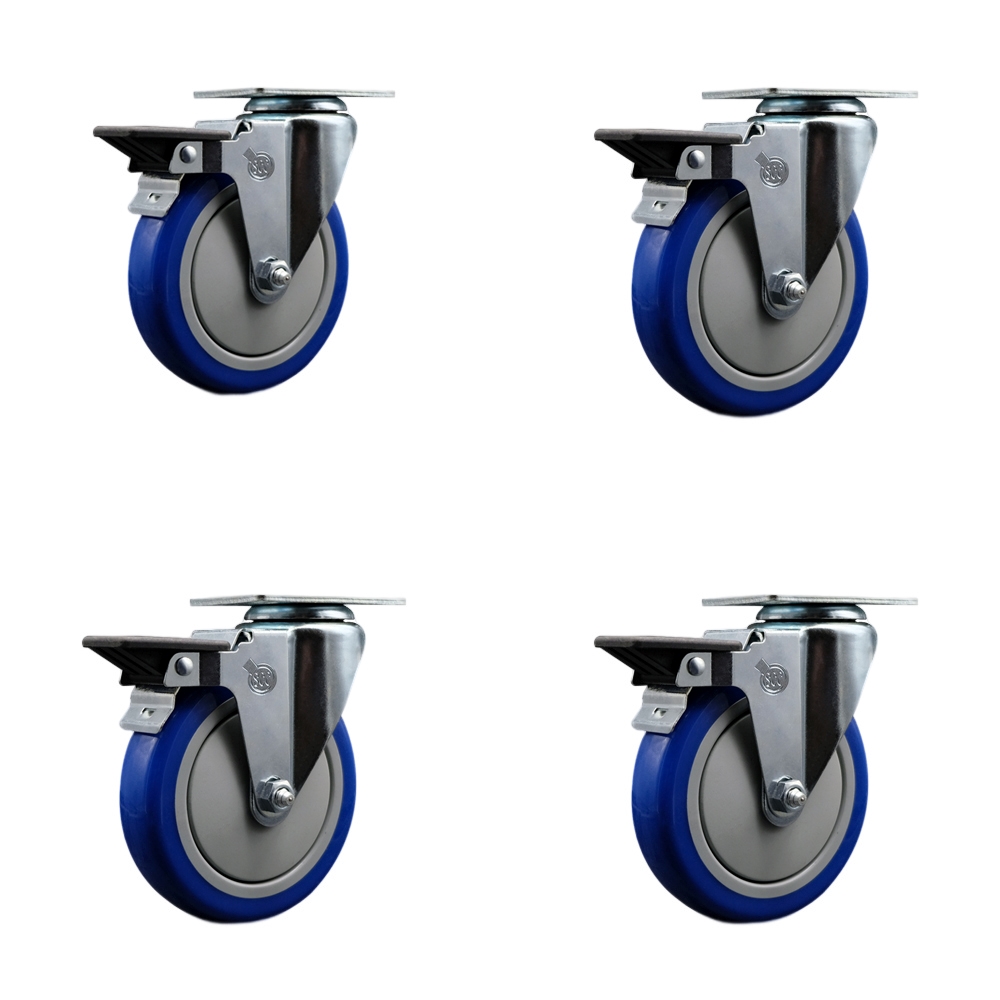 Polyurethane Swivel Top Plate Caster Set of 4 with 5 Inch Blue Wheels - Includes 4 Swivel with Posi Lock Brakes - 1400 lbs. Total Capacity - Service Caster Brand — photo 1
