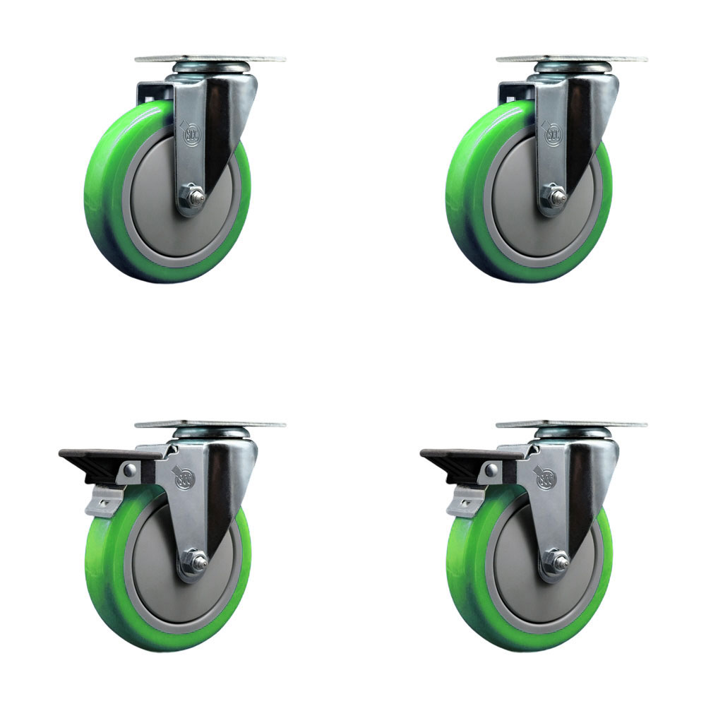 Polyurethane Swivel Top Plate Caster Set of 4 with 5 Inch Green Wheels - Includes 2 Swivel with Posi Locking Brakes and 2 Swivel - 1400 lbs. Total Capacity - Service Caster Brand — photo 1