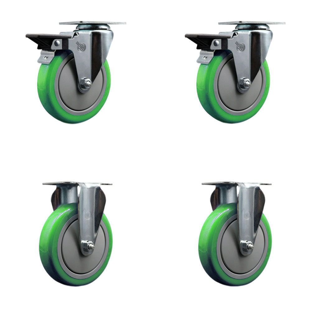 Polyurethane Swivel Top Plate Caster Set of 4 with 5 Inch Green Wheels - Includes 2 Swivel with Posi Locking Brakes and 2 Rigid - 1400 lbs. Total Capacity - Service Caster Brand — photo 1