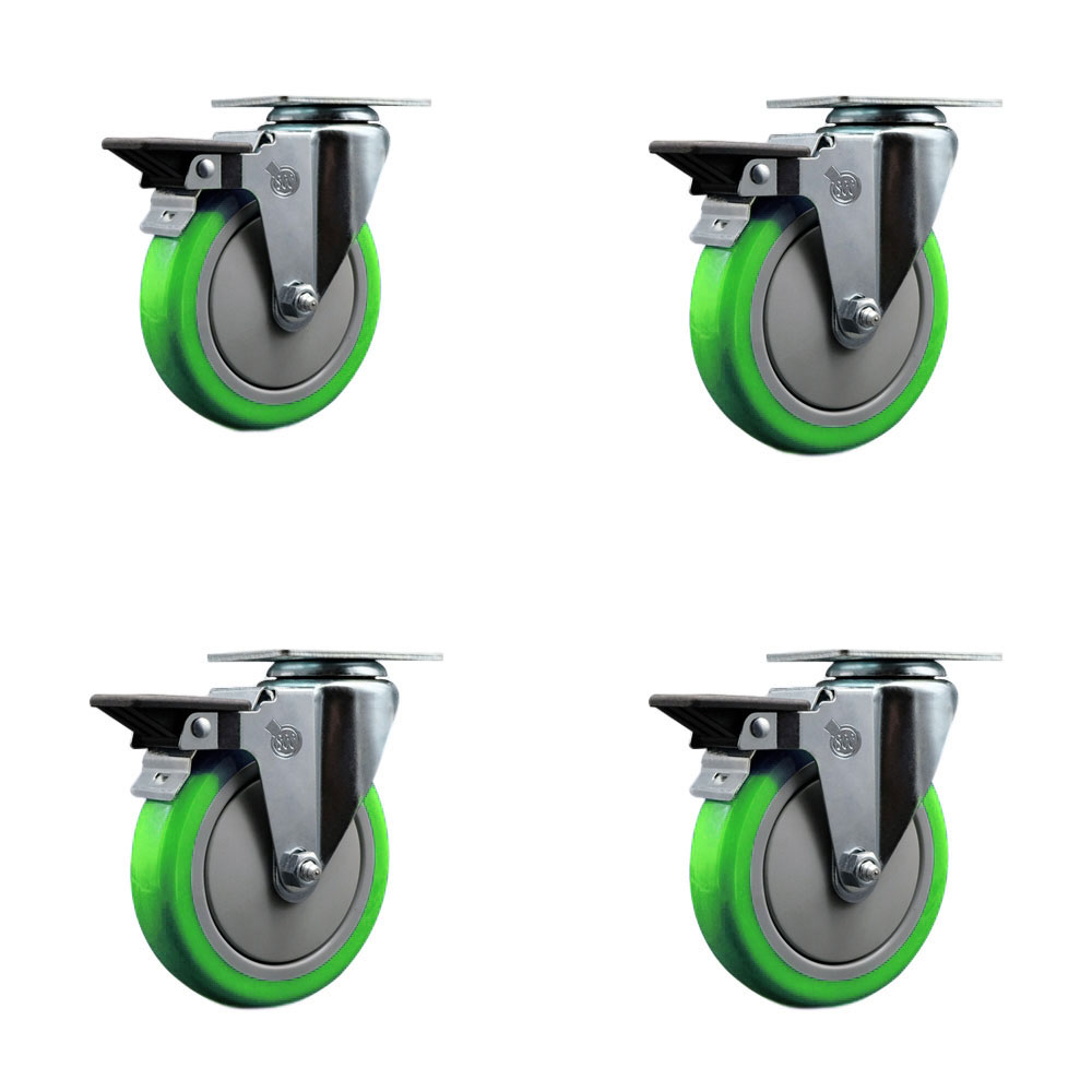 Polyurethane Swivel Top Plate Caster Set of 4 with 5 Inch Green Wheels - Includes 4 Swivel with Posi Lock Brakes - 1400 lbs. Total Capacity - Service Caster Brand — photo 1