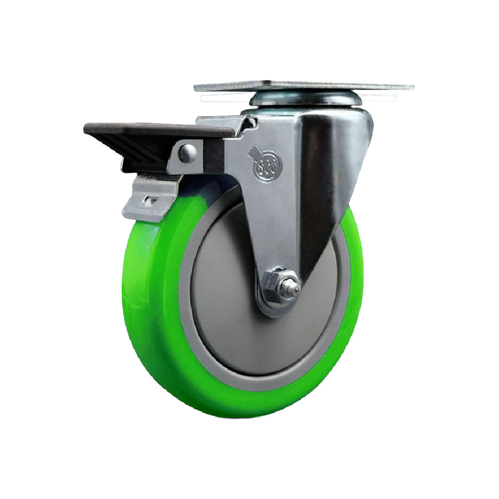 Polyurethane Swivel Top Plate Swivel Caster with 5 Inch Green Wheel and Posi Locking Brake - 350 lbs. Capacity Per Caster - Service Caster Brand — photo 1