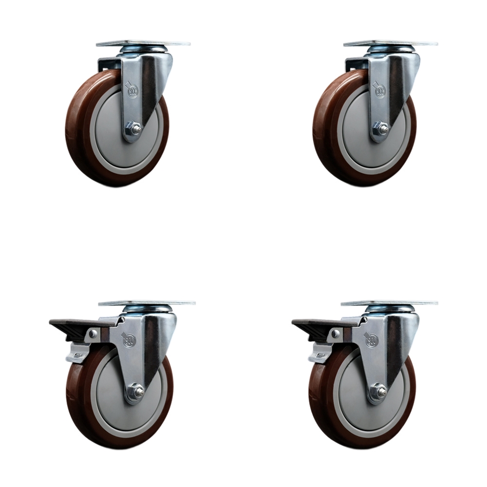Polyurethane Swivel Top Plate Caster Set of 4 with 5 Inch Maroon Wheels - Includes 2 Swivel with Posi Locking Brakes and 2 Swivel - 1400 lbs. Total Capacity - Service Caster Brand — photo 1