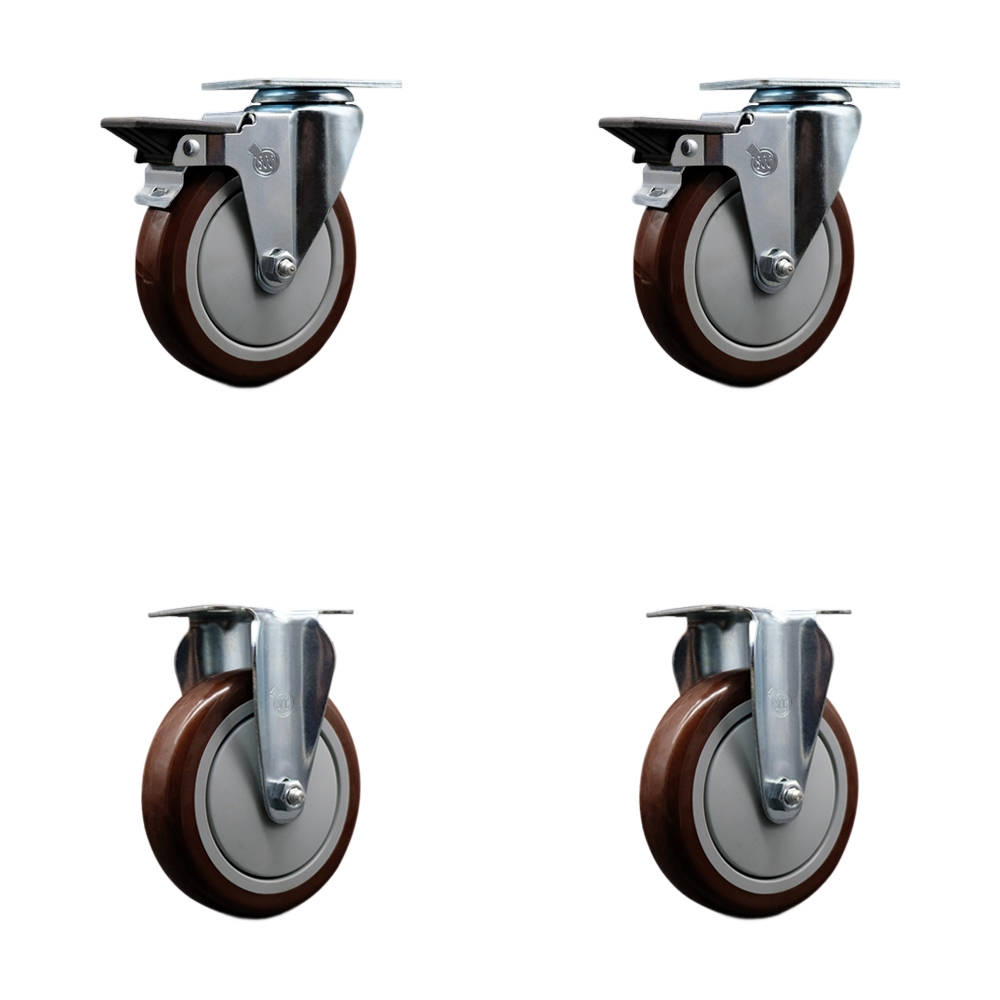 Polyurethane Swivel Top Plate Caster Set of 4 with 5 Inch Maroon Wheels - Includes 2 Swivel with Posi Locking Brakes and 2 Rigid - 1400 lbs. Total Capacity - Service Caster Brand — photo 1