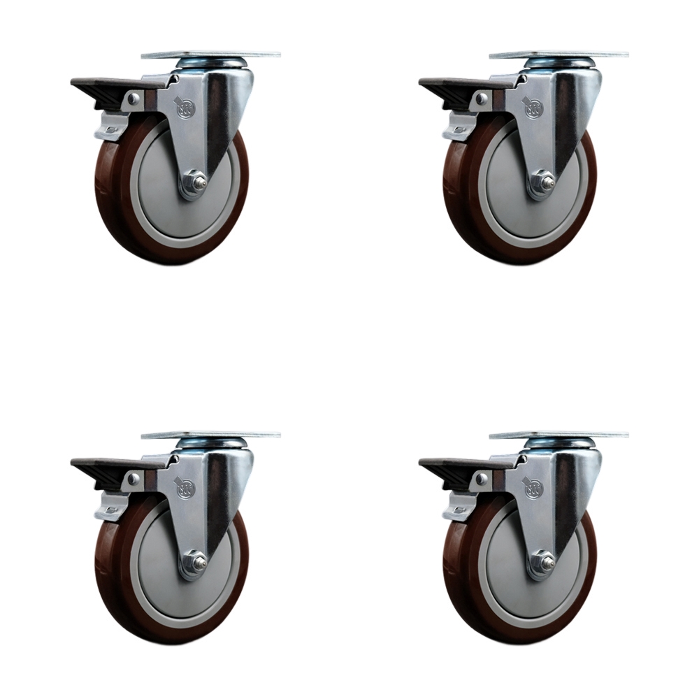Polyurethane Swivel Top Plate Caster Set of 4 with 5 Inch Maroon Wheels - Includes 4 Swivel with Posi Lock Brakes - 1400 lbs. Total Capacity - Service Caster Brand — photo 1