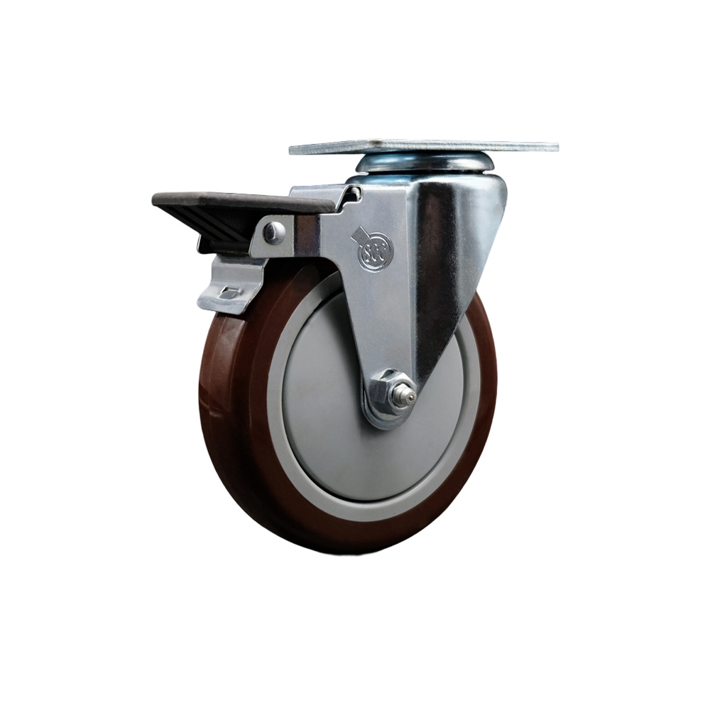 Polyurethane Swivel Top Plate Swivel Caster with 5 Inch Maroon Wheel and Posi Locking Brake - 350 lbs. Capacity Per Caster - Service Caster Brand — photo 1