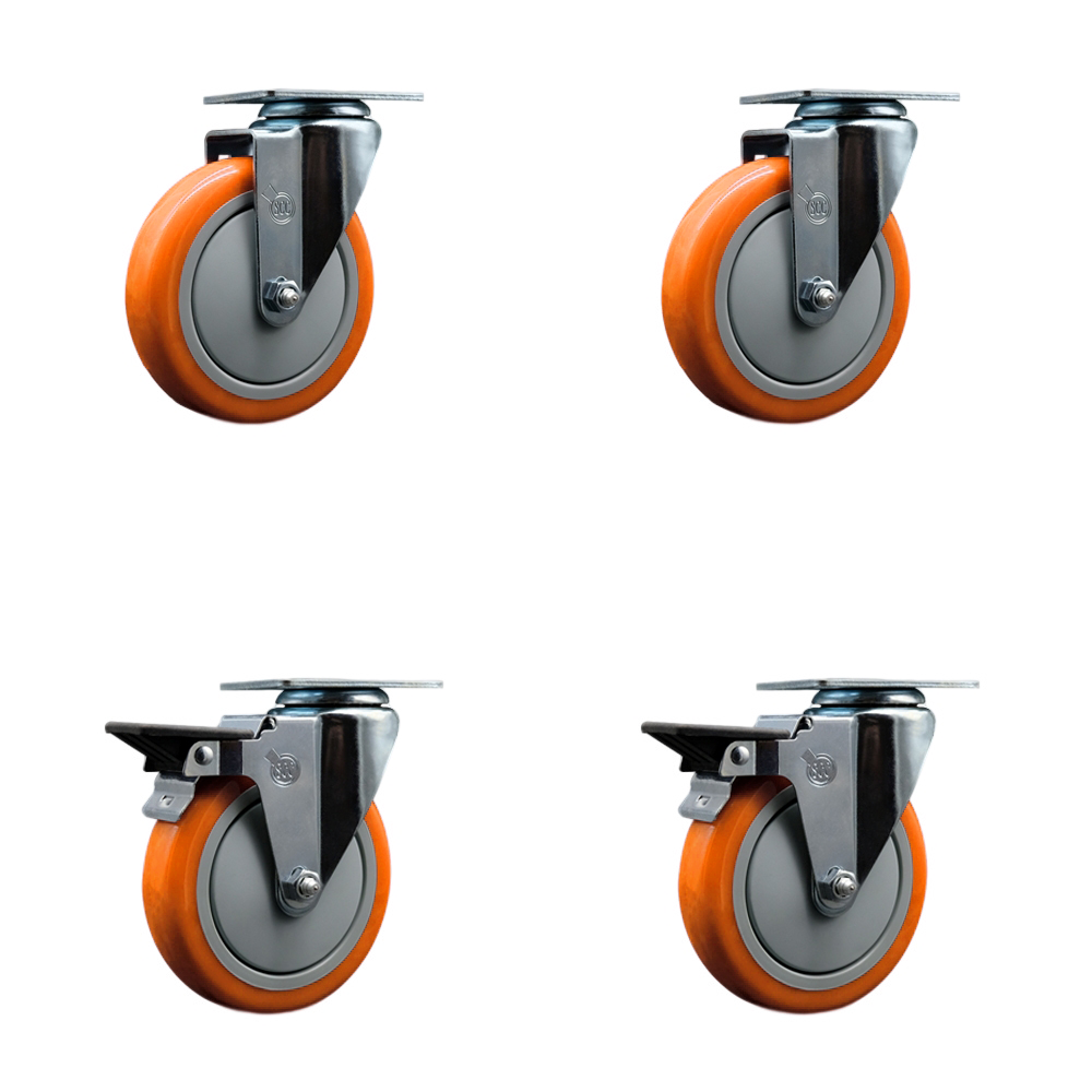 Polyurethane Swivel Top Plate Caster Set of 4 with 5 Inch Orange Wheels - Includes 2 Swivel with Posi Locking Brakes and 2 Swivel - 1400 lbs. Total Capacity - Service Caster Brand — photo 1