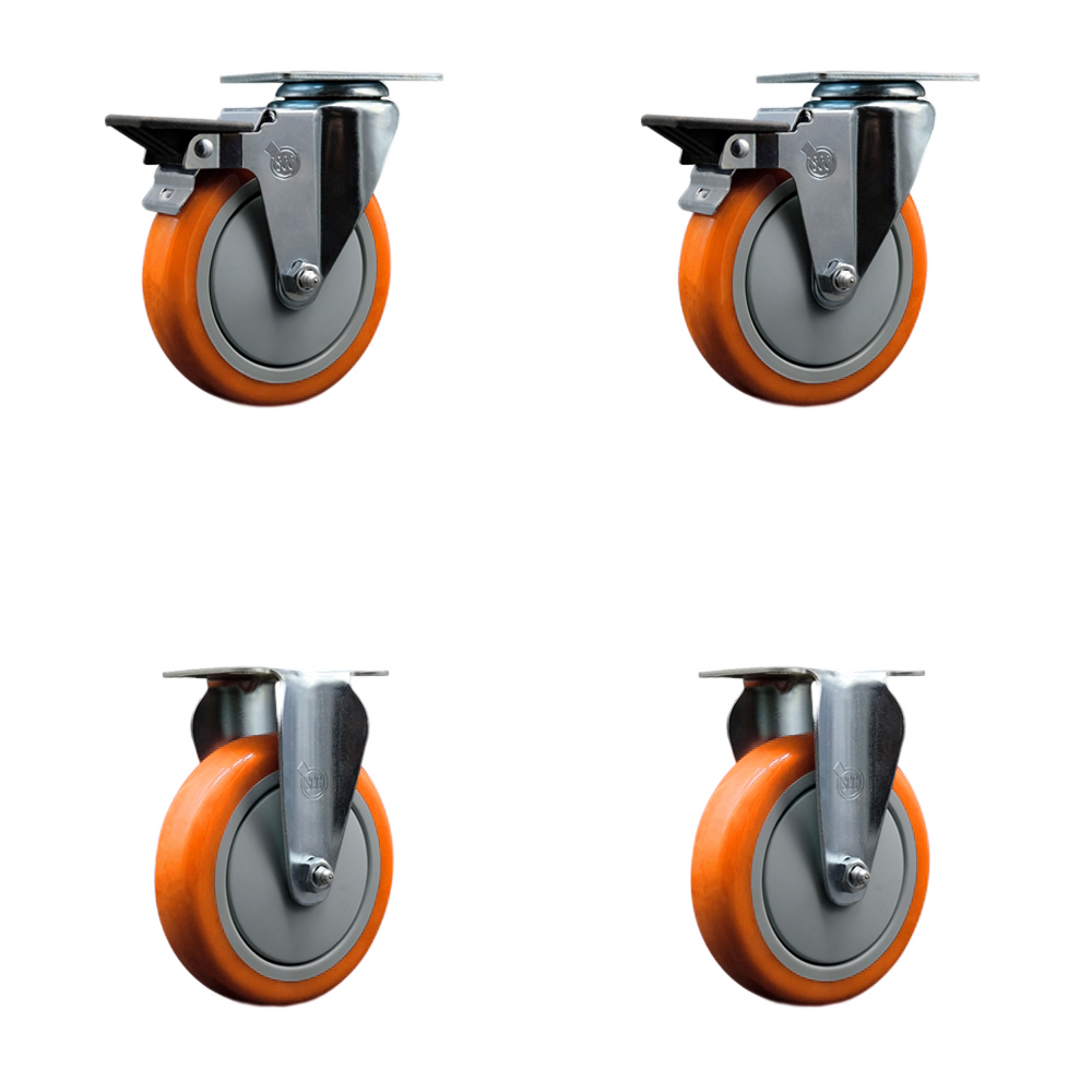 Polyurethane Swivel Top Plate Caster Set of 4 with 5 Inch Orange Wheels - Includes 2 Swivel with Posi Locking Brakes and 2 Rigid - 1400 lbs. Total Capacity - Service Caster Brand — photo 1