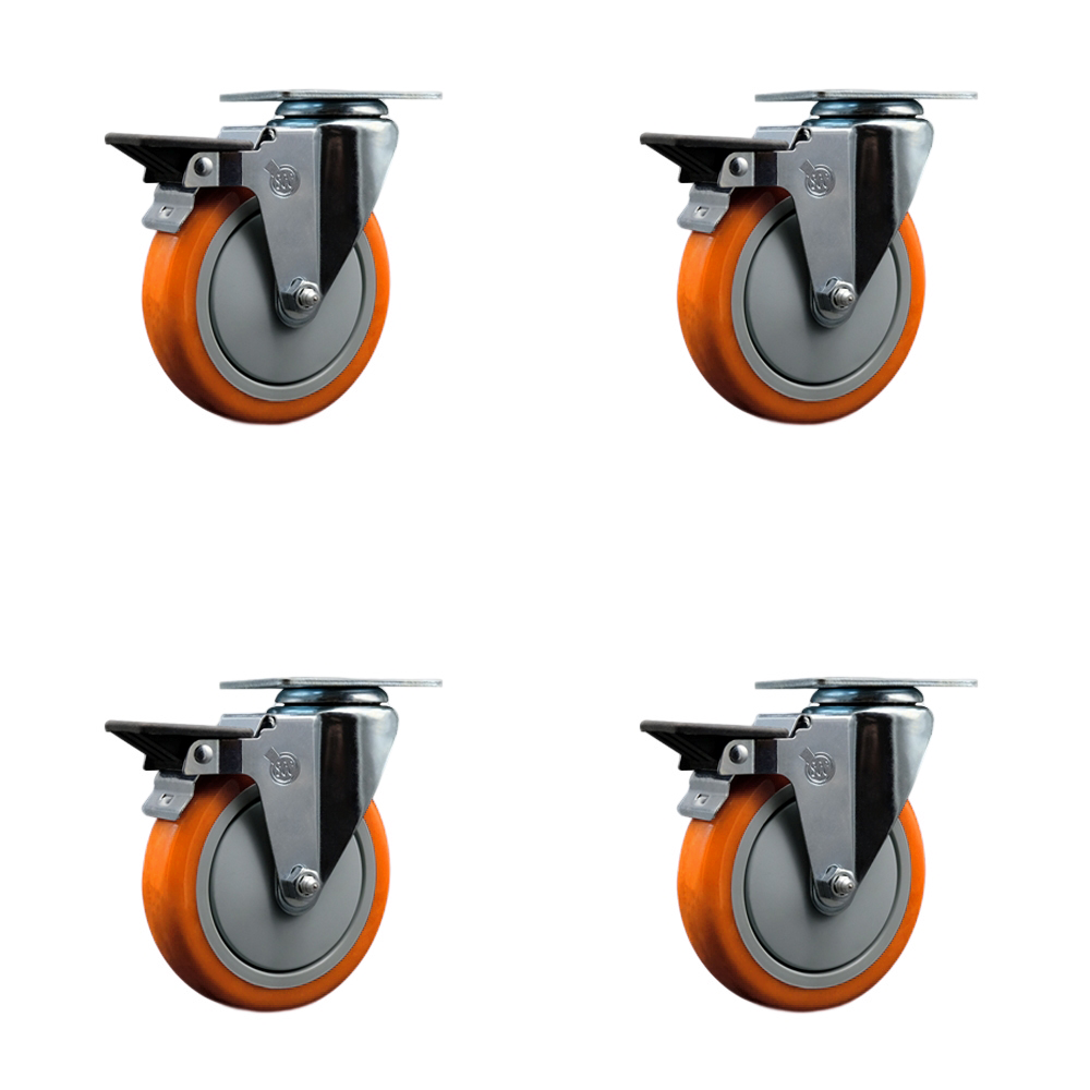 Polyurethane Swivel Top Plate Caster Set of 4 with 5 Inch Orange Wheels - Includes 4 Swivel with Posi Lock Brakes - 1400 lbs. Total Capacity - Service Caster Brand — photo 1