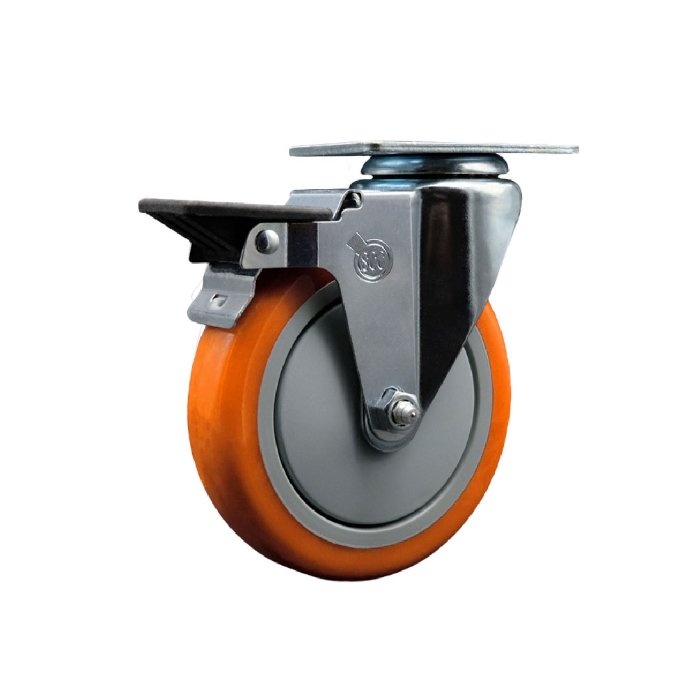 Polyurethane Swivel Top Plate Swivel Caster with 5 Inch Orange Wheel and Posi Locking Brake - 350 lbs. Capacity Per Caster - Service Caster Brand — photo 1