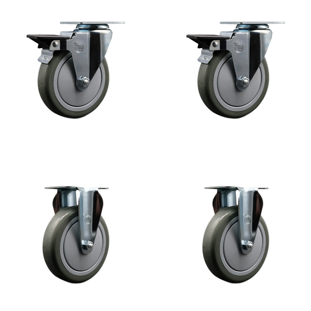 Polyurethane Swivel Top Plate Caster Set of 4 with 5 Inch Gray Wheels - Includes 2 Swivel with Posi Locking Brakes and 2 Rigid - 1400 lbs. Total Capacity - Service Caster Brand — photo 1