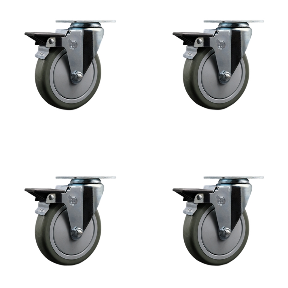 Polyurethane Swivel Top Plate Caster Set of 4 with 5 Inch Gray Wheels - Includes 4 Swivel with Posi Lock Brakes - 1400 lbs. Total Capacity - Service Caster Brand — photo 1