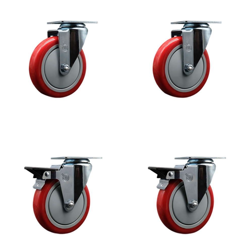 Polyurethane Swivel Top Plate Caster Set of 4 with 5 Inch Red Wheels - Includes 2 Swivel with Posi Locking Brakes and 2 Swivel - 1400 lbs. Total Capacity - Service Caster Brand — photo 1