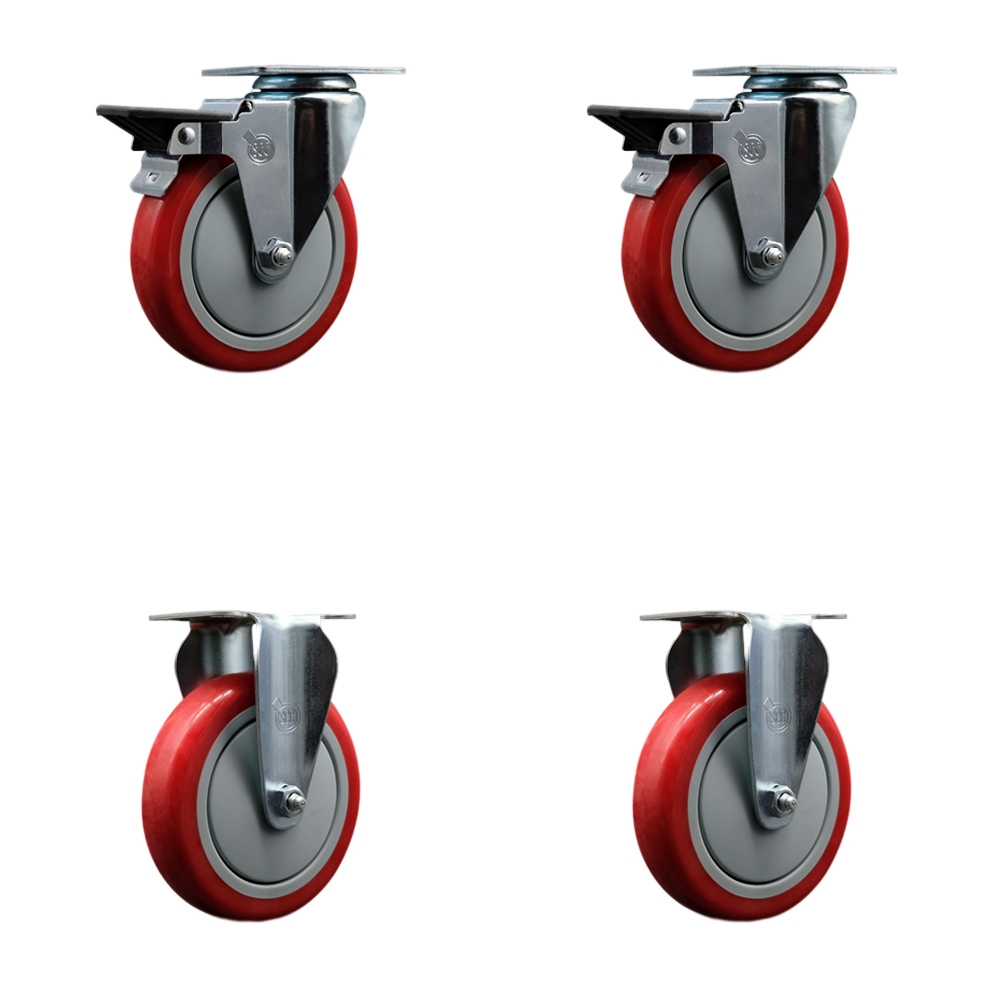 Polyurethane Swivel Top Plate Caster Set of 4 with 5 Inch Red Wheels - Includes 2 Swivel with Posi Locking Brakes and 2 Rigid - 1400 lbs. Total Capacity - Service Caster Brand — photo 1