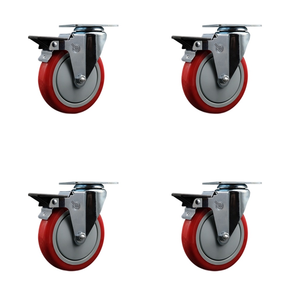 Polyurethane Swivel Top Plate Caster Set of 4 with 5 Inch Red Wheels - Includes 4 Swivel with Posi Lock Brakes - 1400 lbs. Total Capacity - Service Caster Brand — photo 1