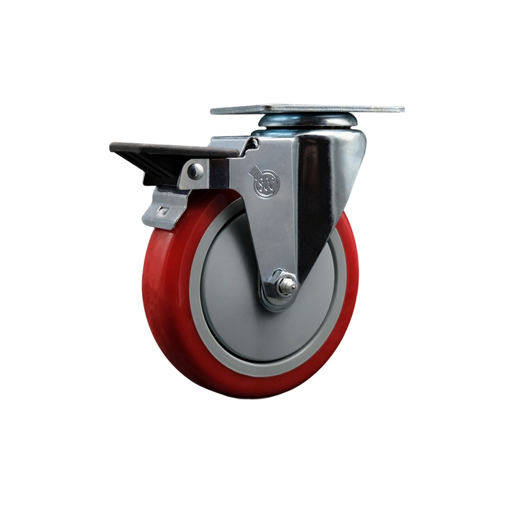 Polyurethane Swivel Top Plate Swivel Caster with 5 Inch Red Wheel and Posi Locking Brake - 350 lbs. Capacity Per Caster - Service Caster Brand — photo 1