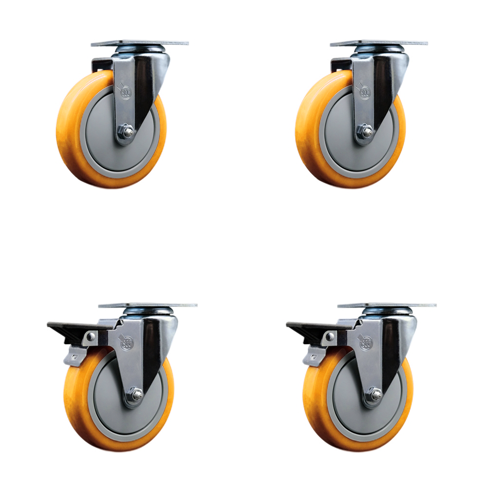 Polyurethane Swivel Top Plate Caster Set of 4 with 5 Inch Yellow Wheels - Includes 2 Swivel with Posi Locking Brakes and 2 Swivel - 1400 lbs. Total Capacity - Service Caster Brand — photo 1
