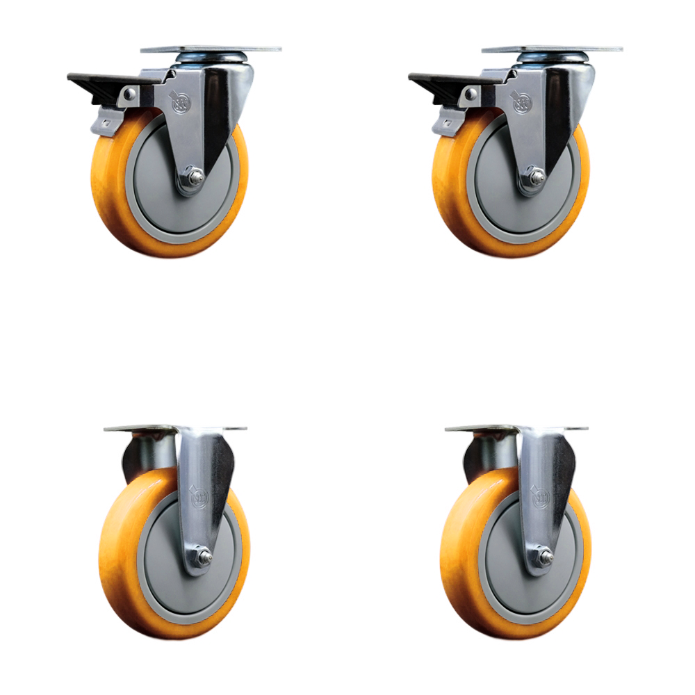 Polyurethane Swivel Top Plate Caster Set of 4 with 5 Inch Yellow Wheels - Includes 2 Swivel with Posi Locking Brakes and 2 Rigid - 1400 lbs. Total Capacity - Service Caster Brand — photo 1
