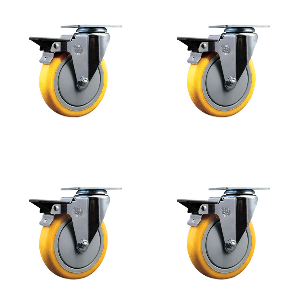 Polyurethane Swivel Top Plate Caster Set of 4 with 5 Inch Yellow Wheels - Includes 4 Swivel with Posi Lock Brakes - 1400 lbs. Total Capacity - Service Caster Brand — photo 1