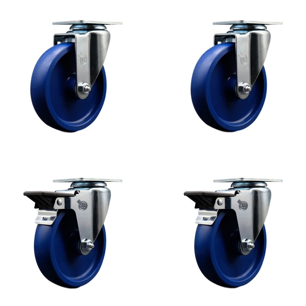 Solid Polyurethane Swivel Top Plate Caster Set of 4 with 5 Inch Blue Wheels - Includes 2 Swivel with Posi Locking Brakes and 2 Swivel - 1200 lbs. Total Capacity - Service Caster Brand — photo 1